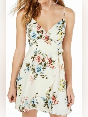 Alter’d State Floral Wrap Mini Dress in Cream with Pink & Blue Blooms Sz M